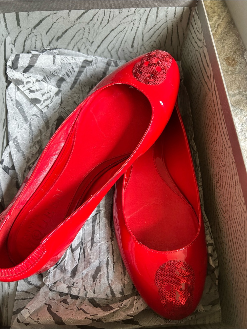Alexander McQueen Red Patent Sequin Heart Ballet Flats